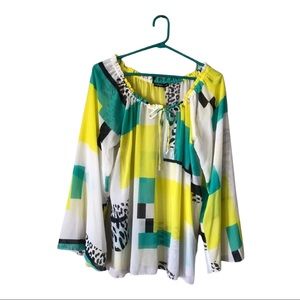 Flowy Top Tunic with Geometric Print in Yellow & Green Super Cute in size XL